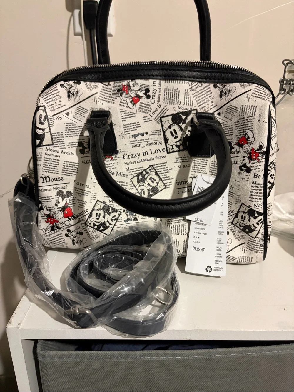 Disney Black & White Newspaper Print Satchel with Red Accents